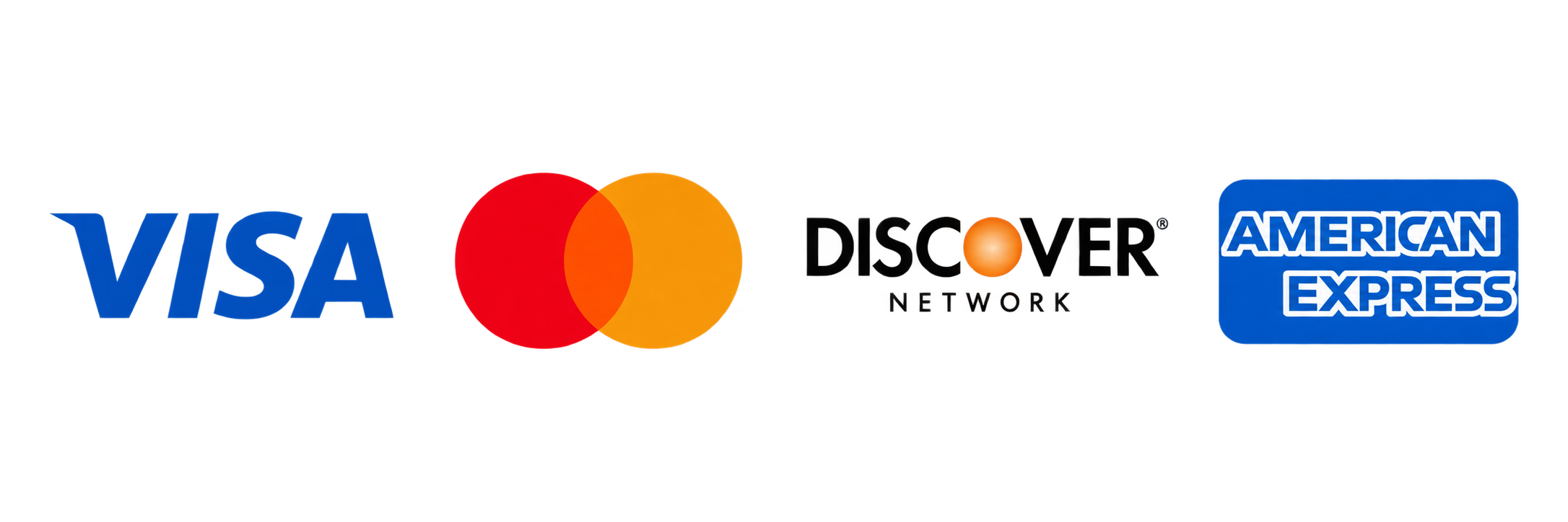 Logotipos de Visa, Mastercard, Discover y American Express